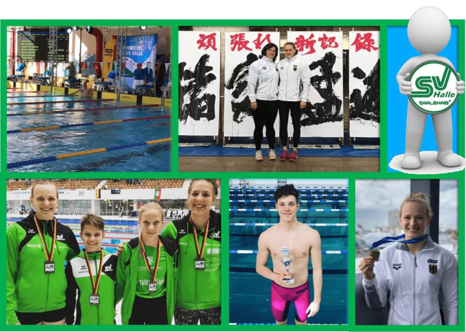 Collage von Schwimmern mit Medaillen, Wettkampfbildern und Trophäen in einem Schwimmbad-Umfeld.