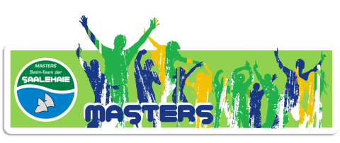 Logo des Schwimm-Teams Saalehaie mit bunten Silhouetten jubelnder Menschen und dem Schriftzug "MASTERS".