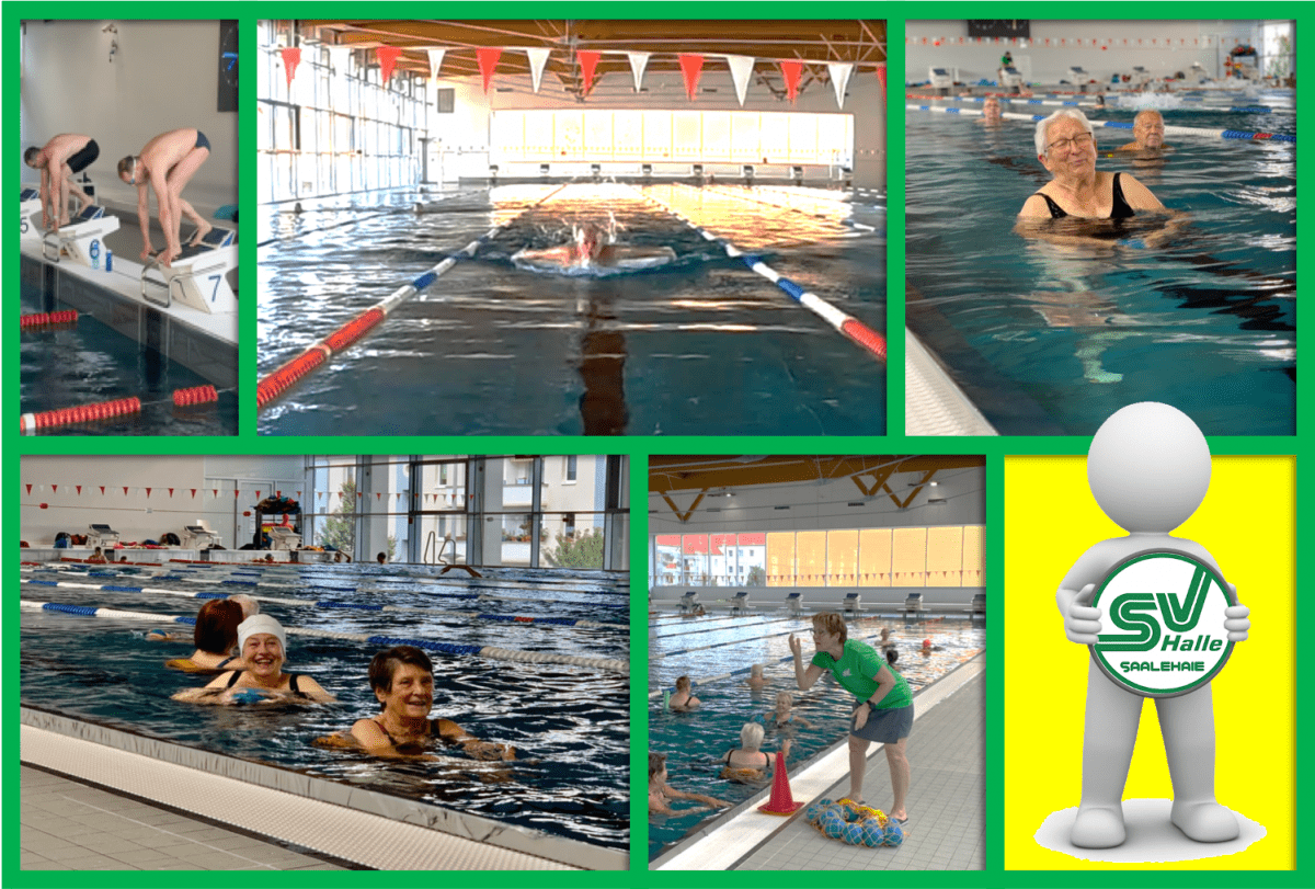 Blick ins Schwimmbecken mit trainierenden Schwimmern und lächelnden Teilnehmern in verschiedenen Schwimmszenen.