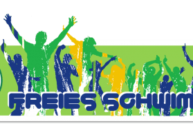 Logo des SV Halle Schwimmen mit dem Text &bdquo;FREIES SCHWIMMEN&ldquo; und bunten Silhouetten von Menschen, die feiern und sich freuen.