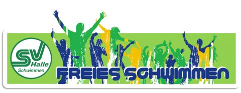 Logo des SV Halle Schwimmen mit dem Text „FREIES SCHWIMMEN“ und bunten Silhouetten von Menschen, die feiern und sich freuen.