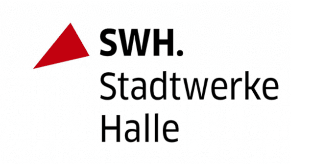 Logo der Stadtwerke Halle mit rotem Dreieck und schwarzer Schrift &bdquo;SWH. Stadtwerke Halle&ldquo;.