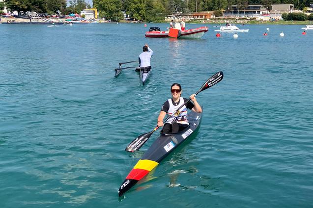 Anja Adler im Kajak bei der Europameisterschaft 2026 im portugiesischen Montemor-o-Velho.