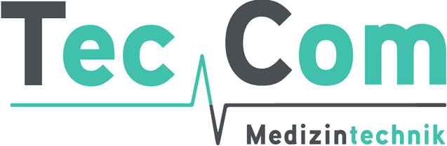 Logo von TecCom Medizintechnik mit gr&uuml;nem und grauem Schriftzug sowie einem Herzschlag-Symbol.