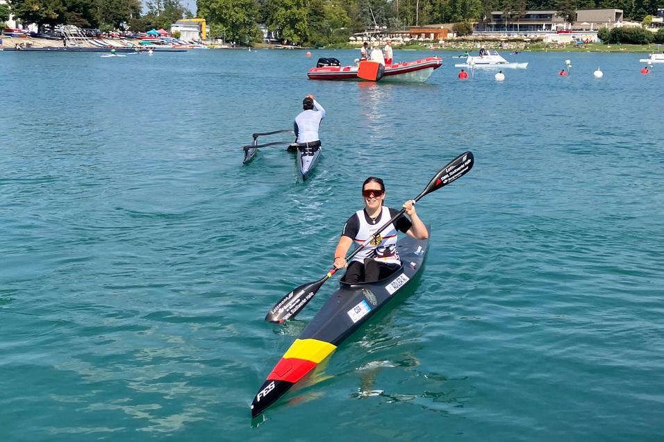 Anja Adler im Kajak bei der Europameisterschaft 2026 im portugiesischen Montemor-o-Velho.