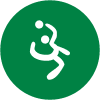 Symbol eines Volleyballspielers, der einen Ball in einem grünen, kreisförmigen Hintergrund abwehrt.