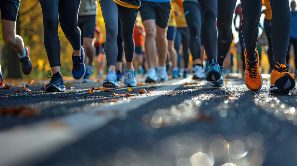Nahaufnahme von Joggern in Sportbekleidung auf einer Straße mit herbstlichen Blättern und sanften Lichtreflexionen.