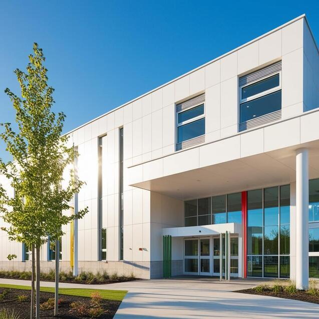 Moderne Gebäudeansicht mit Eingangsbereich, großen Fenstern und grüner Bepflanzung im Vordergrund.