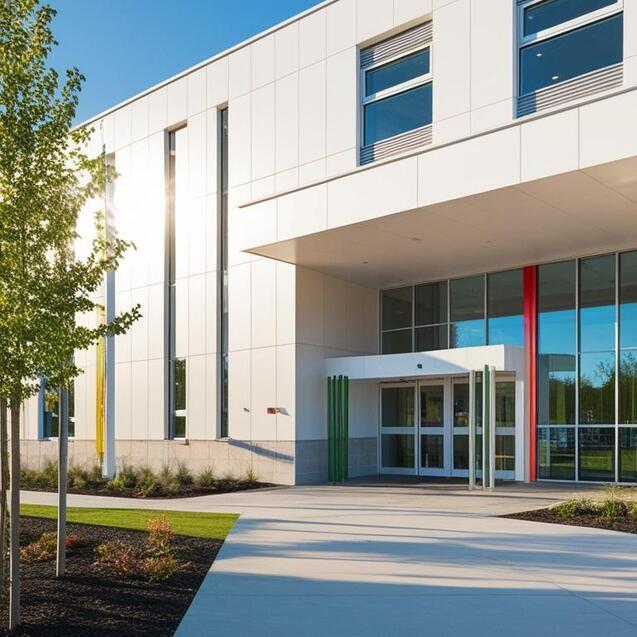 Moderne Gebäudeansicht mit Eingangsbereich, großen Fenstern und grüner Bepflanzung im Vordergrund.