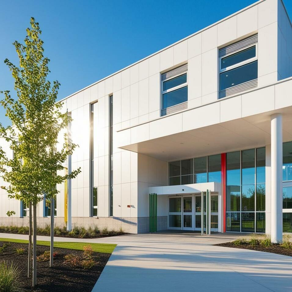 Moderne Gebäudeansicht mit Eingangsbereich, großen Fenstern und grüner Bepflanzung im Vordergrund.