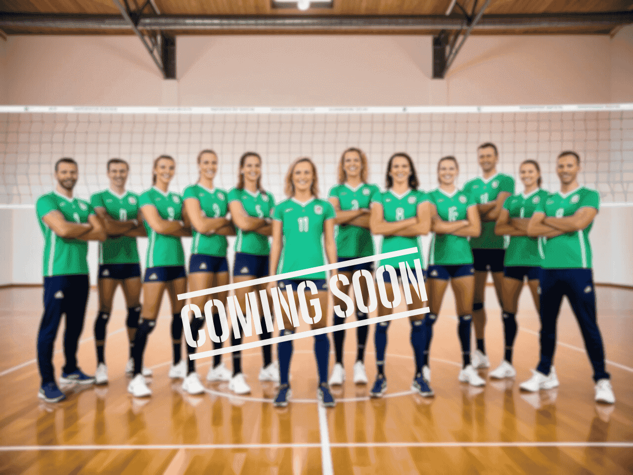 Gruppenschuss einer Volleyballmannschaft in grünen Trikots, gespannt vor einem Netz in einer Sporthalle.
