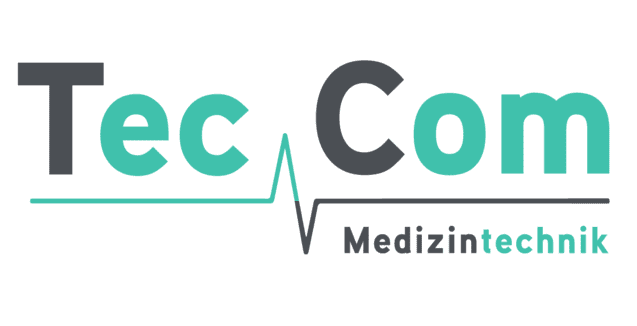 Logo von TecCom Medizintechnik mit stilisiertem Herzschlag und modernen Schriftzügen in verschiedenen Farben.