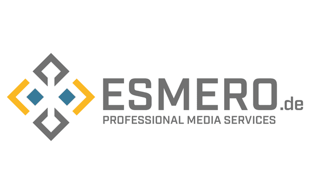 Logo von Esmero mit geometrischen Formen in Blau, Grau und Gelb, ergänzt durch den Text „PROFESSIONAL MEDIA SERVICES“.